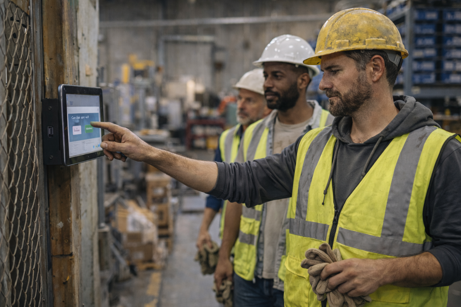 Team member clocking time with a shop floor kiosk.